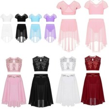 Kids Girls Ballet Latin Dress Lyrical Sequined Crop Top Outfit Leotard Dancewear