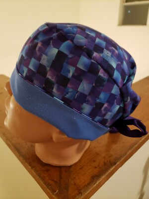 PURPLE & BLUE SQUARES WITH BLUE GLITTER BAND pixie style surgical scrub hat 