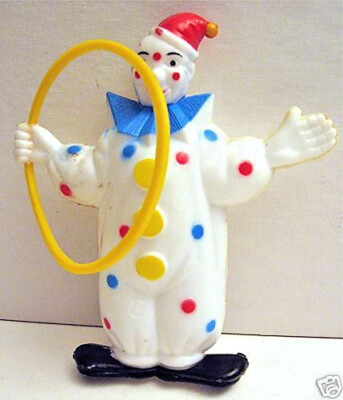 Vintage Circus Clown Hard Plasttc Toy W/ Hoop Old Dime Old Store Stock