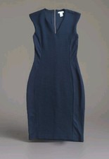 H&M Navy Blue Cocktail Pencil Dress Ribbed Textured Middle Stretch Sz S Shapely 