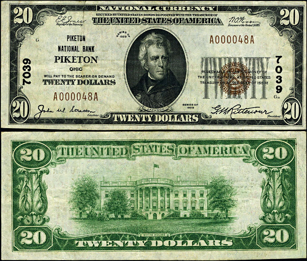 【MoNeページ】 Piketon OH-Ohio $20 1929 T-1 National Bank Note Ch #7039 Piketon