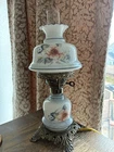 Milk Glass Painted Flowers Hurricane Parlor Brass Table Lamp Vintage GWTW Style