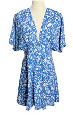 Florens Blue Floral Tie Back Deep V Low Back Flowy Dress Whimsical Boho Small