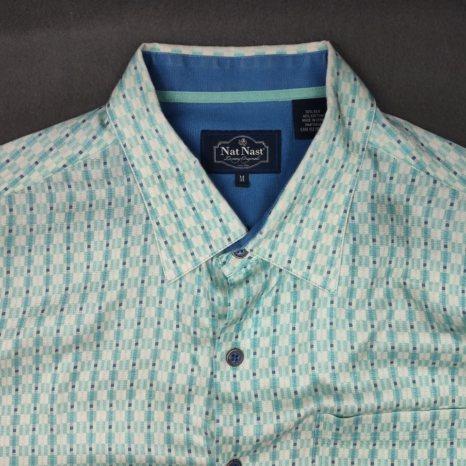 Nat Nast Shirt Mens Medium Geometric Silk Blend Short Sleeve Button Up Luxury - Image 3 of 4