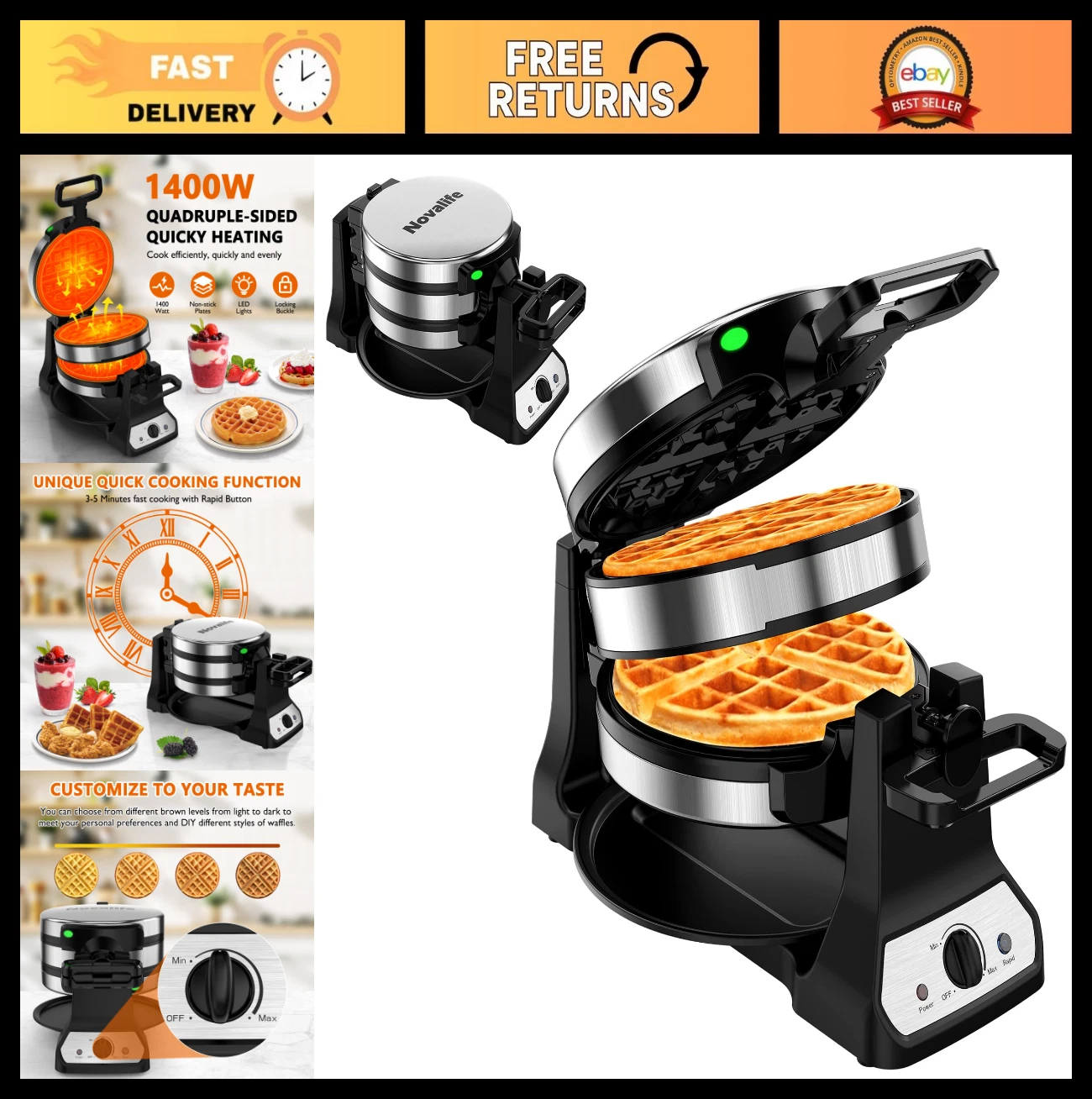 Double Belgian Waffle Maker 1400W - Rotating Nonstick, Adjustable Browning, Cool