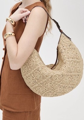 New Tory Burch T Monogram Natural Handbag Balloon Bag Raffia Hobo Straw Holiday
