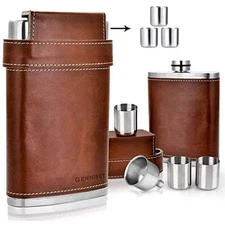 8oz Stainless Steel Hip Flask Set - Leakproof, Leather Wrap, Funnel & Cups