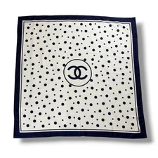 RARE CHANEL Coco Mark Dot Pattern Scarf Silk Navy Ivory Large Auth Excellent