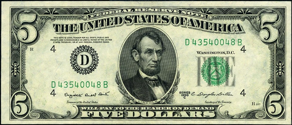 FR. 1964 D $5 1950-C Federal Reserve Note Cleveland D-B Block Gem CU - Image 2 of 3