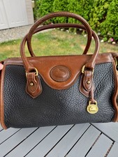 Dooney Bourke Vintage AWL Black Tan Leather Satchel Barrel Bag Crossbody