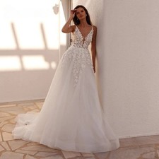 Elegant A-Line Wedding Dresses V-Neck Spaghetti Straps Lace Applique Bridal Gown