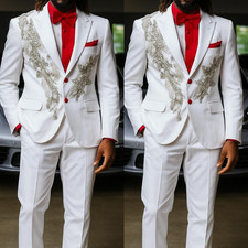 White Men's Suit Luxury Rhinestone Party Prom Tuxedo Jacket Eveing Banquet 2Pcs