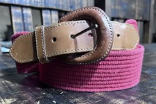 Vintage Lands End Waist Belt Red Cotton Brown Leather Trim Sz. 32 Made in USA