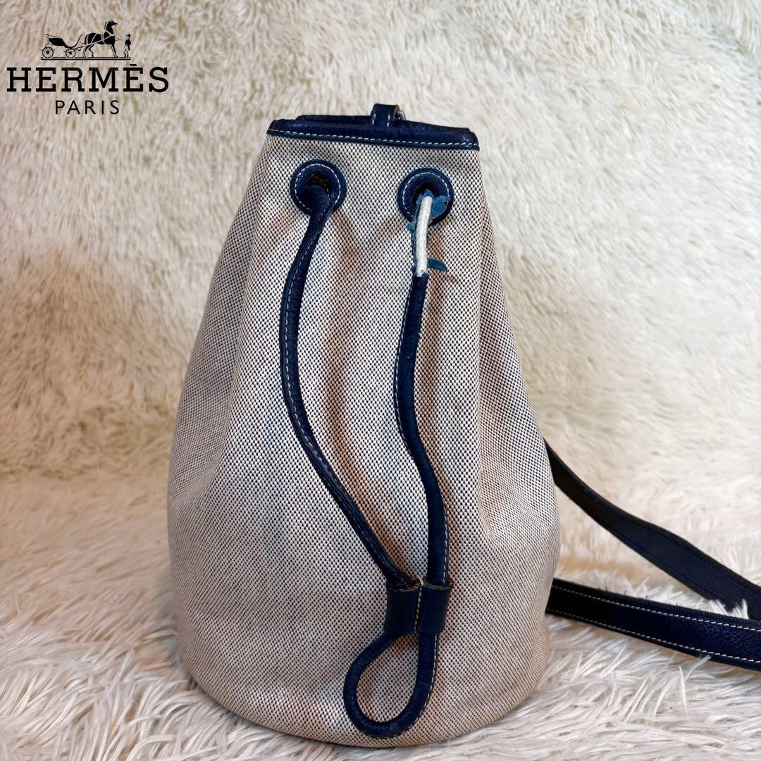 Hermes Navy Canvas Drawstring Shoulder Bag 11x7.5x7.5 Used Excellent Condition