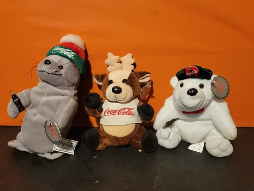 Vintage 1990s Coca Cola Seal Reindeer Polar Bear Collectible Bean Bag Plush Set