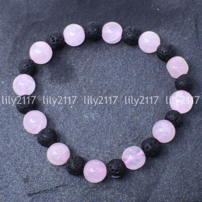 Natural 10mm Rose Quartz Black Lava Stone Round Gemstone Beads Bracelet 7.5''