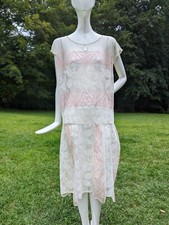 FLAPPER 1920  S SOFTEST NET DRESS W FLORAL LACE  HAND EMBROIDERY