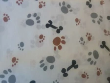 Paw prints and Bones on White Cotton Fabric   (44" Wide x 30 " long)