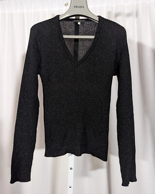 Joseph UK Vintage Ribbed Metallic Black Bodycon Stretch V Neck Sweater France