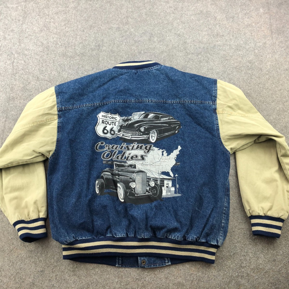 Vintage Route 66 Jacket Mens Large Denim Bomber Pockets Graphic