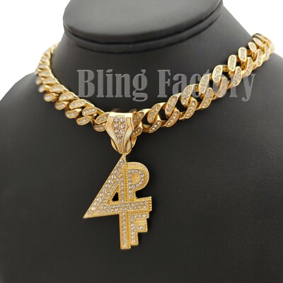 Gold PT Lil Baby 4PF Pendant & Iced Box Lock Cuban Choker Chain Hip Hop Necklace
