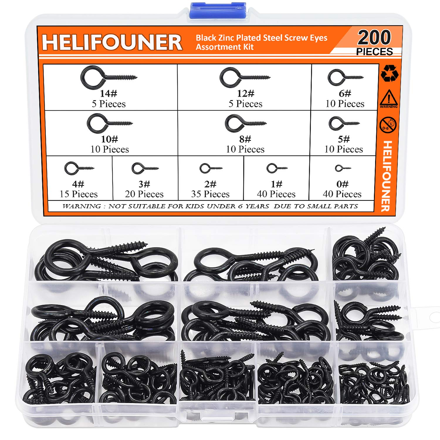 200 Pieces 11 Sizes Black Zinc Plated Steel Screw Eyes Assortment Kit