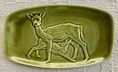 Vintage Poole Pottery trinket dish Green Mother Deer & Nursing Bambi