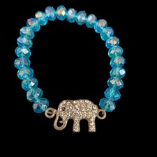Women's Bracelet Rhinestone Elephant and Blue Faceted Glass Stretch