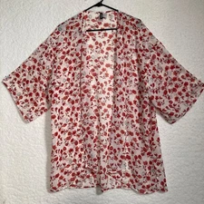 Divided H & M Womens L Cover up all Top off white orange floral open 3/4 sleeve