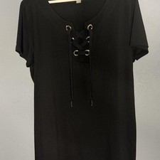 Calvin Klein Black Stretch Lace-Up Short Sleeve Dress 2X Logo SilverTone NEW