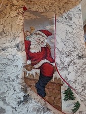 Vintage Needlepoint Christmas Stocking Santa Claus Toys 19” Holiday Velvet NWT