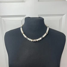 SJM 14K 925 Sterling Freshwater Pearl Beaded Necklace Toggle Clasp Silver Accent