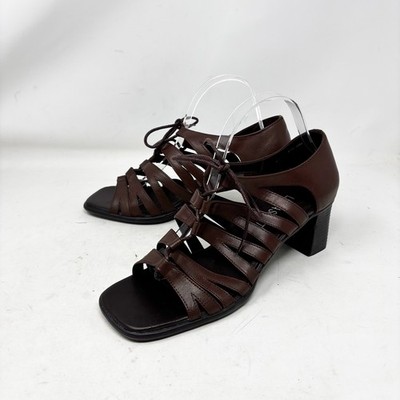 90s Laura Scott Jill Brown Leather Strappy Lace Up Block Heel Sandals Size 10M