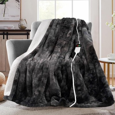 Electric Heated Throw Faux Rabbit Fur Blanket with 8 Heating Levels & 8 H