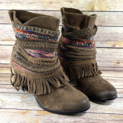 Funky Monkey Womens Brown Suede Leather Boho Western Fringed Ankle Boots 10
