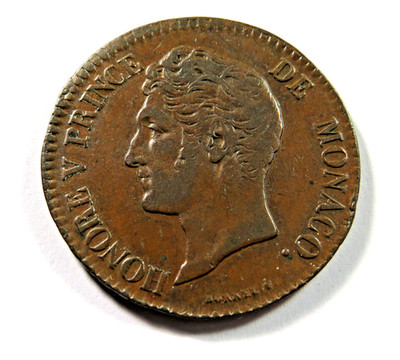 Monaco Copper 5 Centimes 1837, KM 95.2a