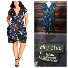 City Chic Dress Plus Size 18 Zip Front Tunic Draped Hip Black Floral Hummingbird