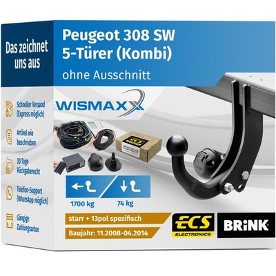 ANHÄNGERKUPPLUNG für Peugeot 308 SW 08-14 starr BRINK +13pol E-Satz ECS
