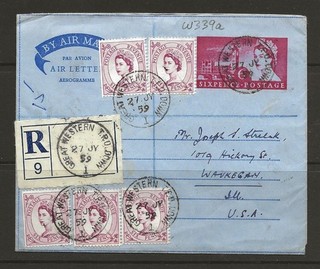 c231 GB AIRMAIL RAILWAY 2959 UPATED AIR LETTER REGISTERED TO USA pmk N W TPO DOW
