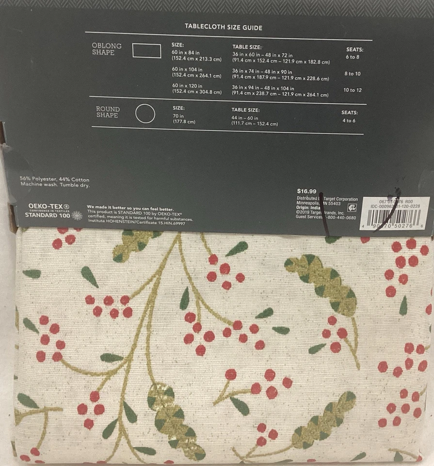 Threshold Oblong Tablecloth 60x104” Beige Red Holly Berries Christmas NEW - Image 4 of 4