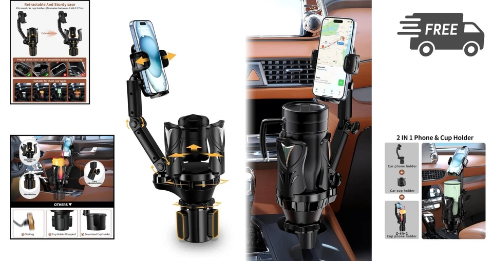 Car Phone Holder Cup Holder Mount Adjustable for Phones Drinks 5.31inch - Image 2 of 4