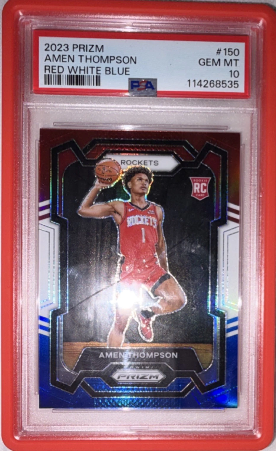Deal for Panini 2023-24 Prizm Amen Thompson #150 Red White Blue Rookie PSA 10