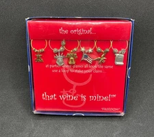 “That Wine is Mine!" Wine Glass Charms Set of 6. Patriotic Theme. New in Box. 