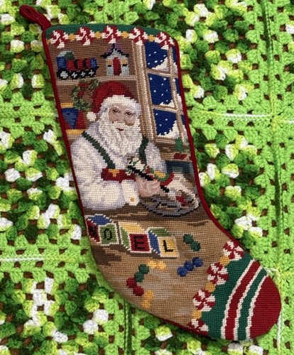 Vtg Bucilla needlepoint Santa Claus Christmas stocking Completed Noel Holiday