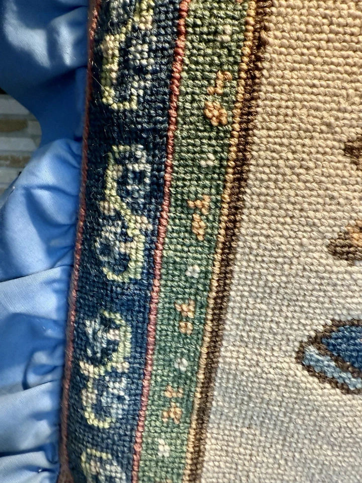 Vintage Hand Embroidered Ivory Butterfly Throw Pillow Pink Blue Ruffled Trim - Image 3 of 4