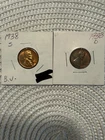 Lincoln cents 1938 D and S. AU/BU