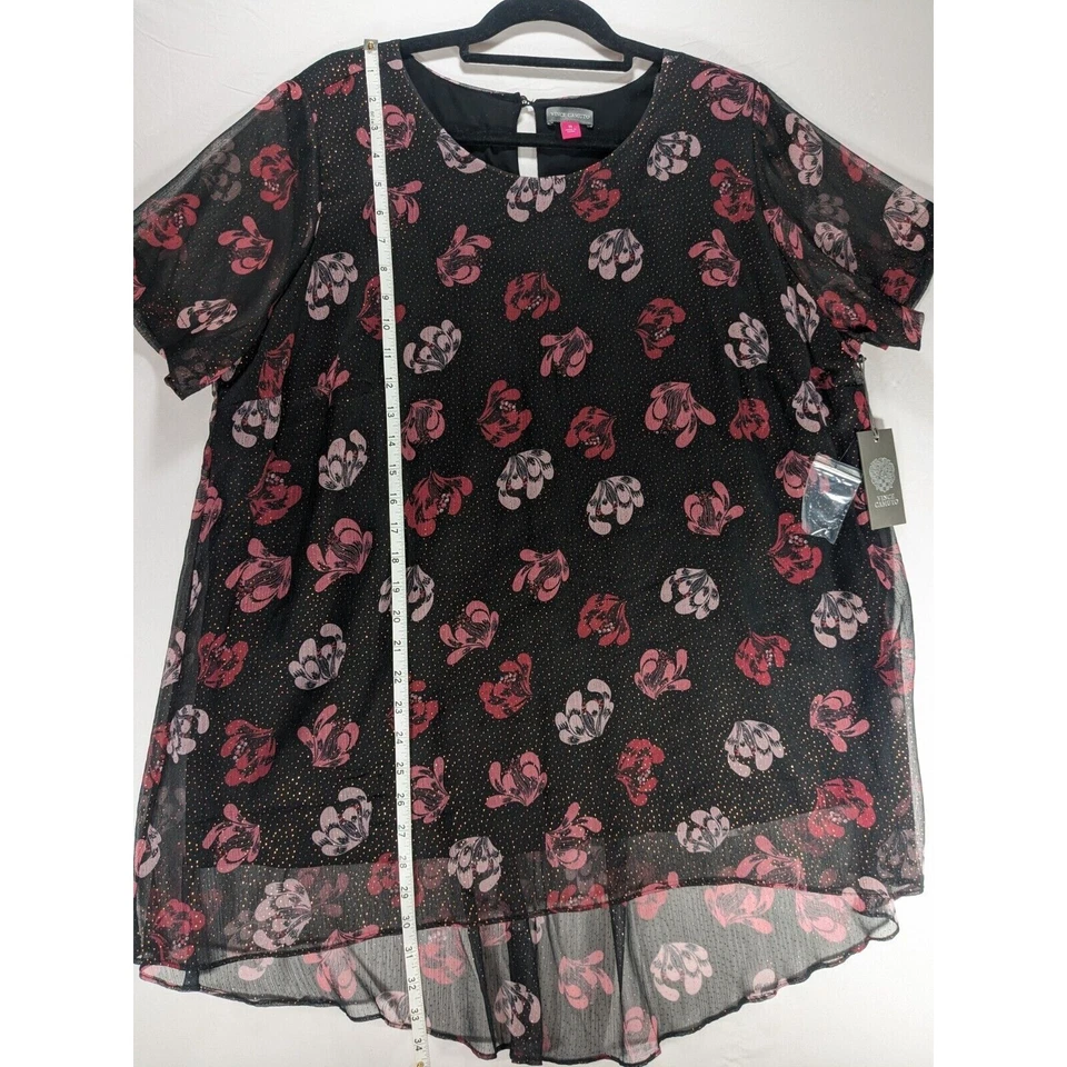 Vince Camuto Sheer Black Pink Floral Tunic Blouse Sparkle Dots Short Sleeve NWT - Image 4 of 4