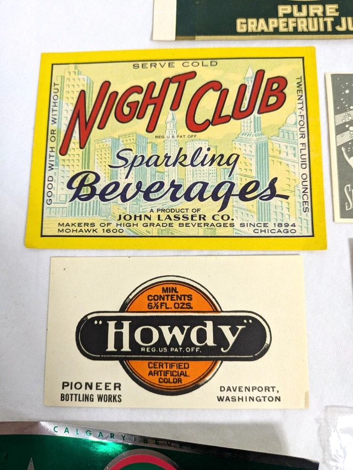 Lote de 10 etiquetas vintage SODA POP etiqueta 7up Calgary Pioneer Black Kow Ginger Ale Foto 4 de 4