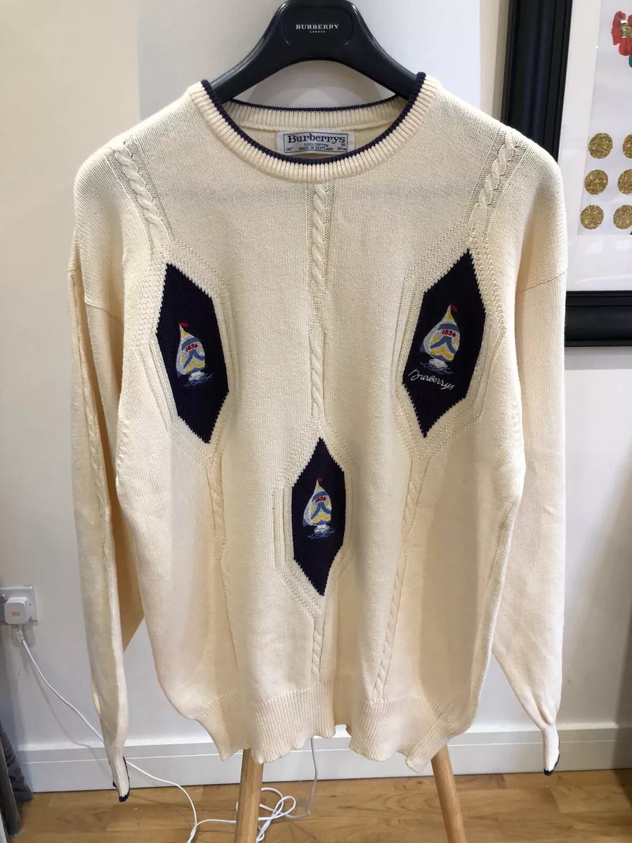 RARE Vintage Mens 90s BURBERRY Cream White Cotton jumper sweater S-M