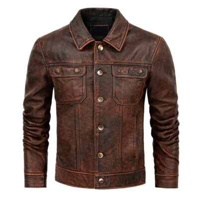 Men's Vintage Genuine Leather Cowhide Warm Stylish Real Cow Leather Coat Autumn